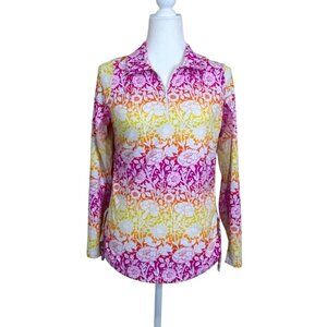 IBKUL Womens Long Sleeve Top Half-Zip Floral Print Pink Yellow UPF 50 Size S